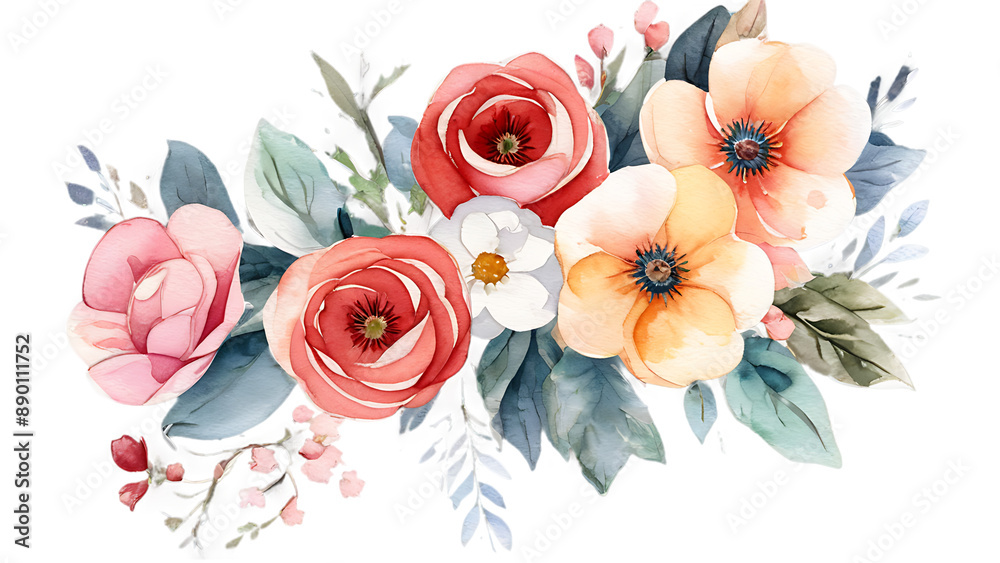Fototapeta premium Copy space spring watercolor texture flowers and leaves 