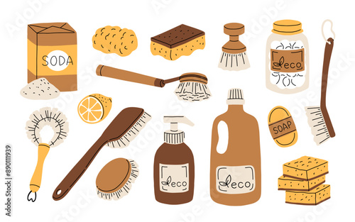 Eco-friendly cleaning tools, different hand brushes set. Natural bristles, washing sponge, scrubber with wooden handles. Ecological supplies. Flat vector illustrations isolated on white background