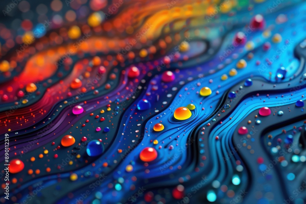 Naklejka premium Vibrant abstract background with colorful liquid droplets and flowing lines creating a dynamic and visually stimulating image.