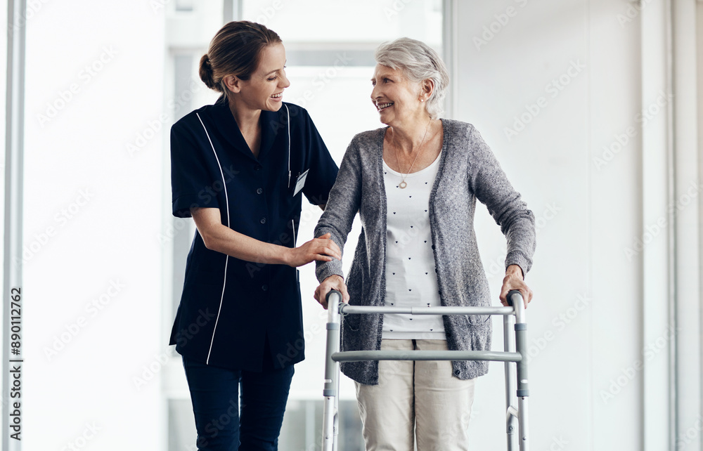 Support, caregiver and senior woman with walker for assistance, help or medical care in retirement home. Discussion, friendly nurse and elderly patient with trust for wellness, health or recovery Support, caregiver and senior woman with walker for assistance, help or medical care in retirement home. Discussion, friendly nurse and elderly patient with trust for wellness, health or recovery
