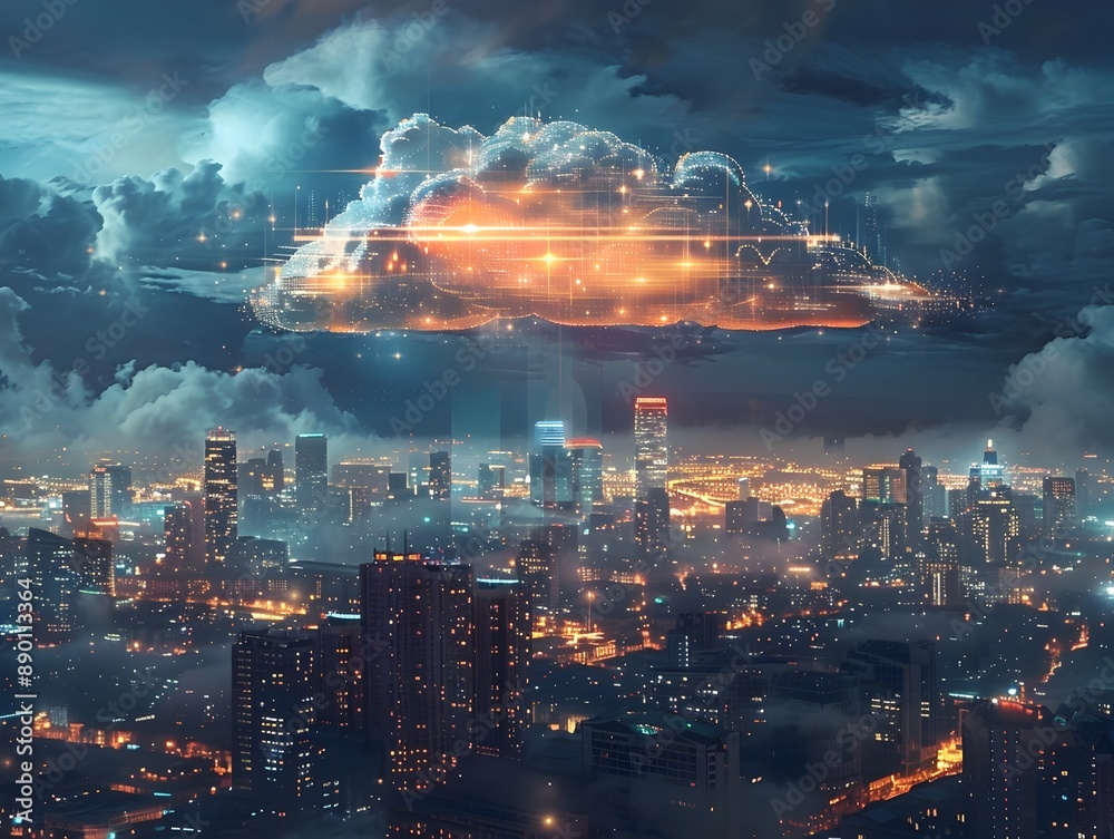 Obraz premium Futuristic Cityscape with Massive Cloud Symbolizing Cloud Computing