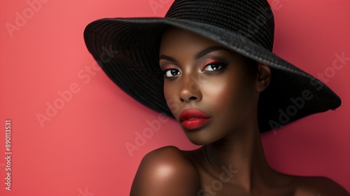 A portrait of a beautiful, confident black African American woman, lady or a girl, female fashion model, wearing a black hat and make-up, posing for photoshooting in a studio for women Beauty magazine