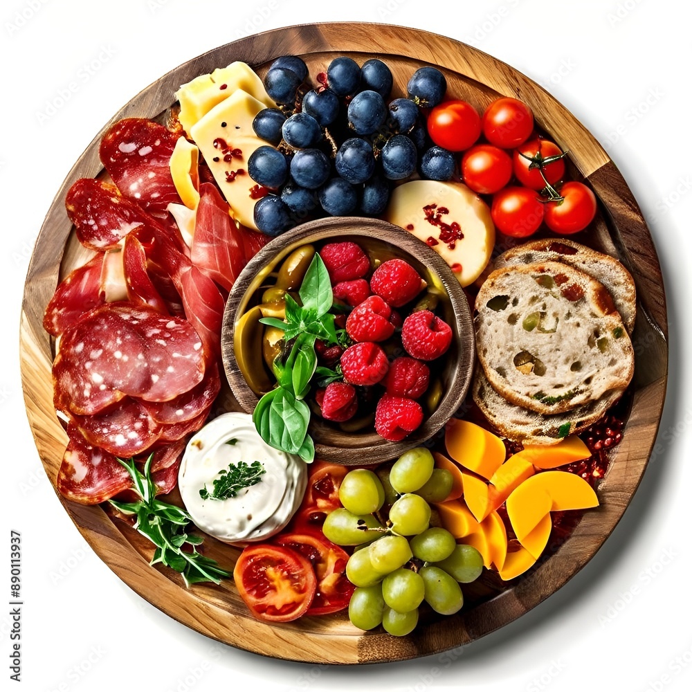 Fototapeta premium A round wooden platter overflowing with colorful fruits and vegetables sits on a rustic wooden table. There is a wedge of cheese and a bunch of grapes in the center, surrounded by slices of tomato.