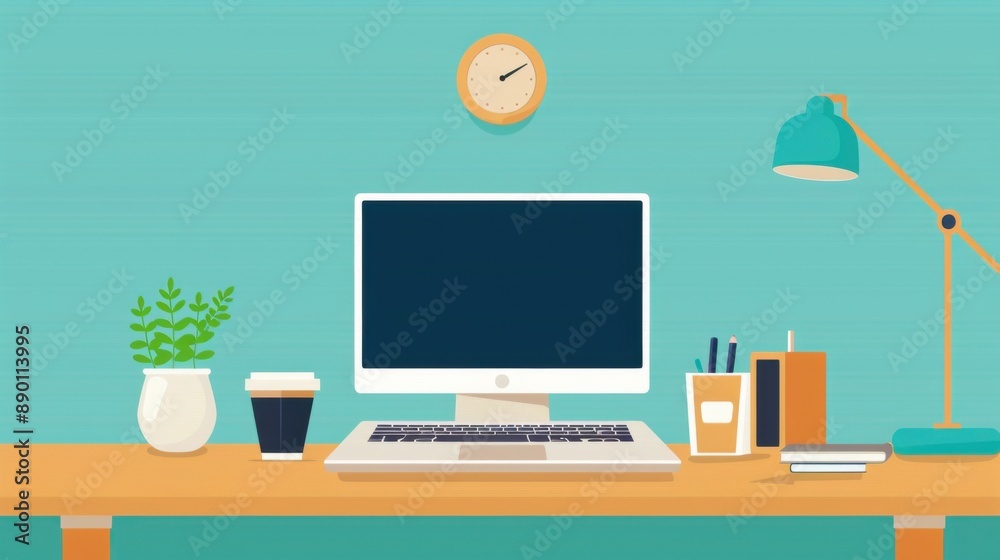 Home office, stylish workspace with laptop and coffee, flat design illustration Home office, stylish workspace with laptop and coffee, flat design illustration