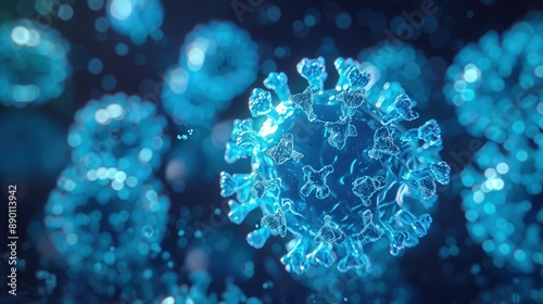 norovirus particle, often associated with foodborne illness, depicted in a luminescent blue to reflect its highly contagious nature.