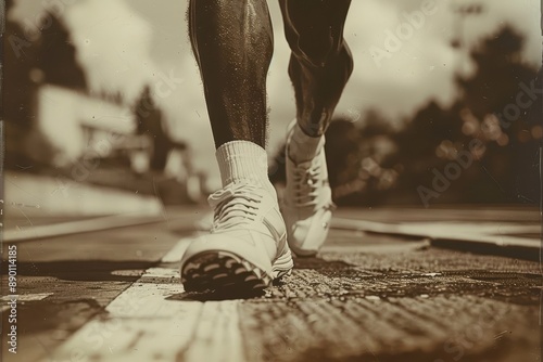 Vintage photo of runner poised at the starting line. photo