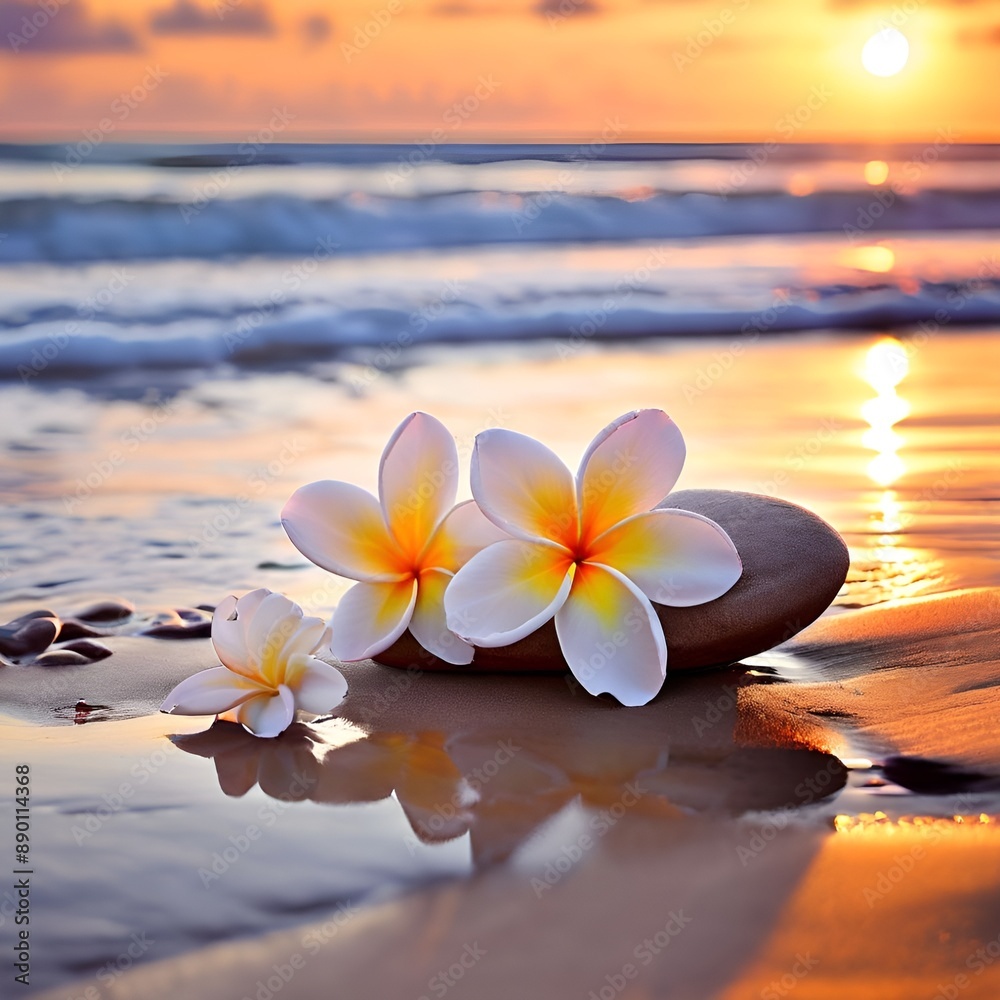 a red frangipani flower with a yellow center, sitting on top of a black volcanic rock on a sandy beach at sunset. The sky is ablaze with orange, pink, and purple hues. a red frangipani flower with a yellow center, sitting on top of a black volcanic rock on a sandy beach at sunset. The sky is ablaze with orange, pink, and purple hues.