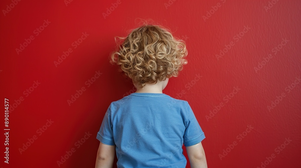 Curly Blonde Haired Little Boy in Blue T-Shirt Leaning Against Red Wall with Minimalist and Feminine Color Palette in Sunny Light Background. Simple and Stylish Child Portrait Curly Blonde Haired Little Boy in Blue T-Shirt Leaning Against Red Wall with Minimalist and Feminine Color Palette in Sunny Light Background. Simple and Stylish Child Portrait