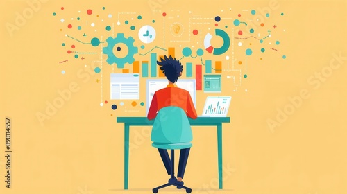 Imagination, Technology, Analysis, person imagining tech solutions with data charts, flat design illustration