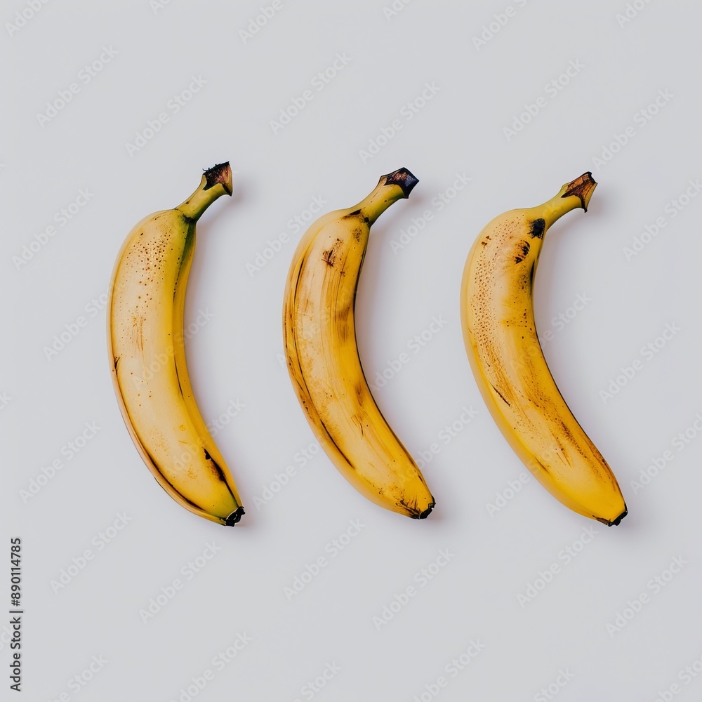 Three Ripe Yellow Bananas Arranged in a Row on a White Background Three Ripe Yellow Bananas Arranged in a Row on a White Background