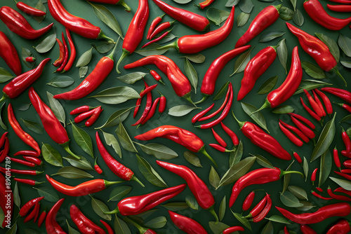 Spicy Red Peppers on Green Background photo