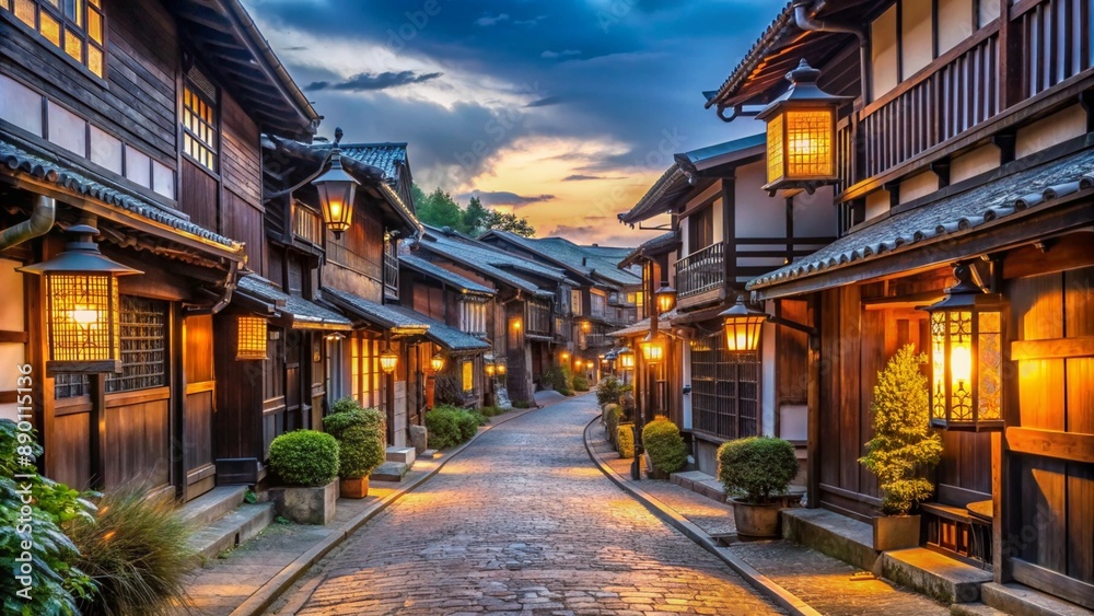 Quiet, cobblestone street in an old Japanese village, lined with traditional wooden houses and paper lanterns hanging from eaves, softly glowing in twilight. Quiet, cobblestone street in an old Japanese village, lined with traditional wooden houses and paper lanterns hanging from eaves, softly glowing in twilight.