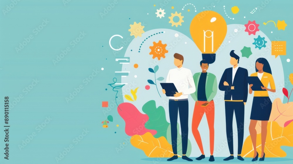 Innovation hub, young professionals with tech gadgets, flat design illustration Innovation hub, young professionals with tech gadgets, flat design illustration