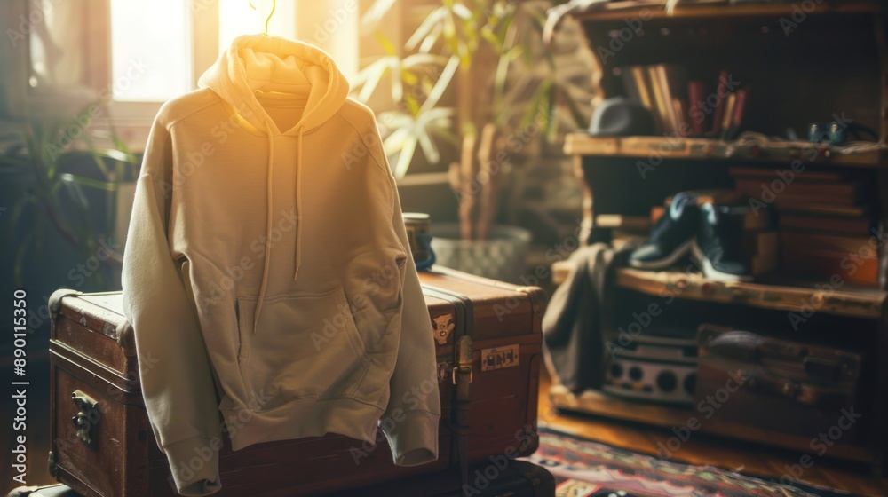 Warm Sunlight Illuminates a Beige Hoodie Hanging on a Vintage Suitcase Warm Sunlight Illuminates a Beige Hoodie Hanging on a Vintage Suitcase