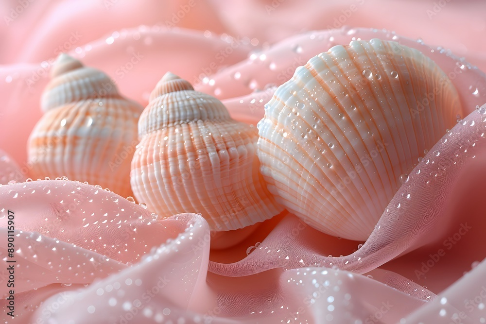 Elegant Seashells on Delicate Pink Fabric with Water Droplets Coastal Decor, Nature Photography Elegant Seashells on Delicate Pink Fabric with Water Droplets Coastal Decor, Nature Photography
