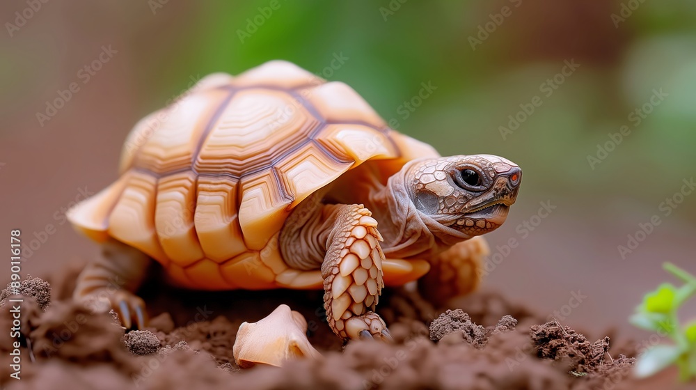 Naklejka premium A baby turtle is laying on the ground. The turtle is small and brown