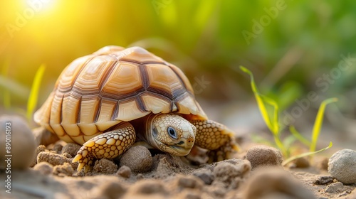 A small brown and white turtle is laying on the ground. The turtle is looking up at the camera photo