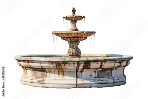 A Three-Tiered Stone Fountain Cascading Water on a Sunny Day on a Clear PNG or White Background. photo