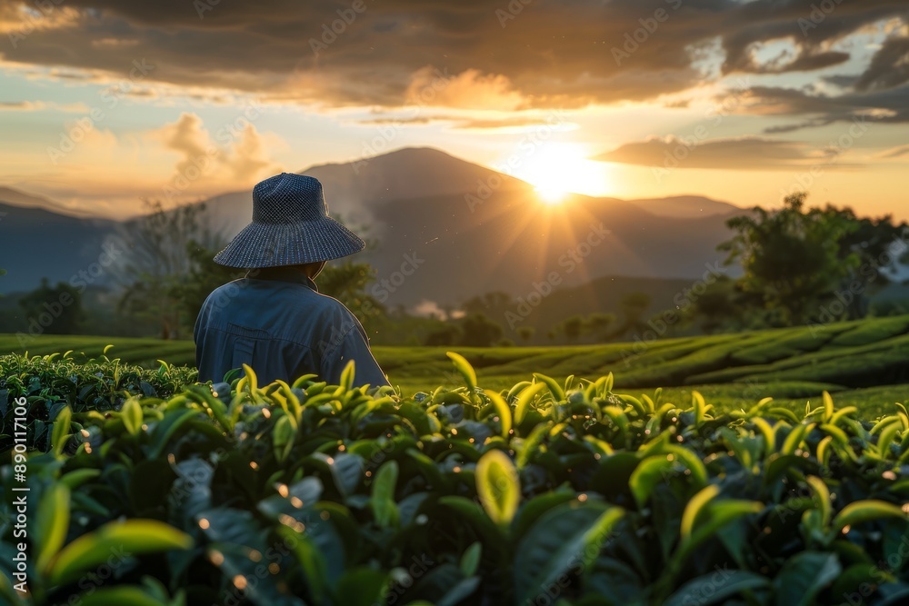 Fototapeta premium Asian tea farmer at sunrise, starting work early in the morning, Generative AI
