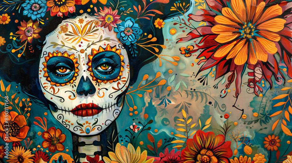 Day of the Dead art with a woman's sugar skull face surrounded by vibrant flowers and intricate patterns in vivid colors Day of the Dead art with a woman's sugar skull face surrounded by vibrant flowers and intricate patterns in vivid colors