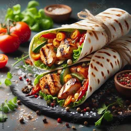 fresh grilled chicken wrap roll with flying ingradients and spices hot ready to serve and eat with copyspace area. photo