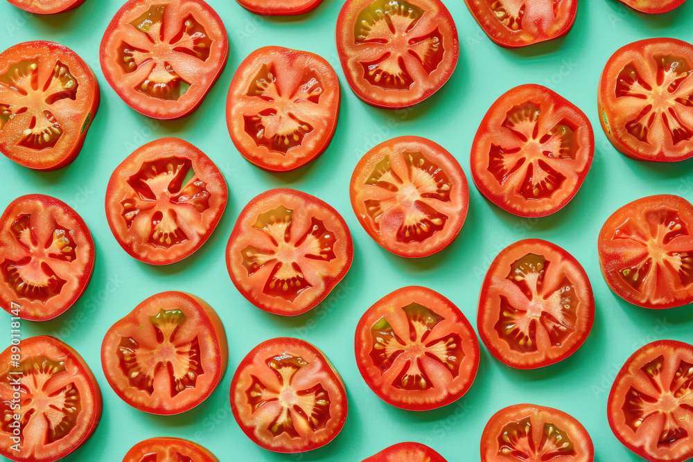 Bright Tomato Slices on a Teal Background Bright Tomato Slices on a Teal Background