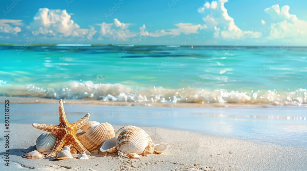Beautiful Beach with Shells and Starfish on Sand. Relaxing Ocean Waves Under Blue Sky. Beautiful Beach with Shells and Starfish on Sand. Relaxing Ocean Waves Under Blue Sky.