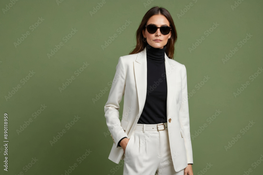 Fashionable confident woman wearing elegant white suit with blazer, wide leg trousers, cashmere turtleneck sweater, trendy sunglasses, posing on green background. Full-length studio fashion portrait Fashionable confident woman wearing elegant white suit with blazer, wide leg trousers, cashmere turtleneck sweater, trendy sunglasses, posing on green background. Full-length studio fashion portrait