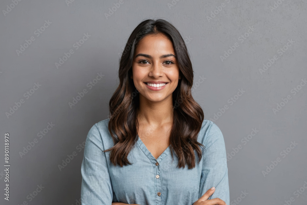 Fototapeta premium Portrait of a young latin woman with pleasant smile and crossed arms isolated on grey wall with copy space. Beautiful girl with folded arms looking at camera against grey wall. Cheerful hispanic woman
