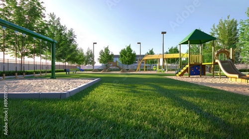 Wallpaper Mural school  playground with freshly mowed grass, newly painted play equipment, and clean sand in the sandbox, all set against a clear sky. Torontodigital.ca