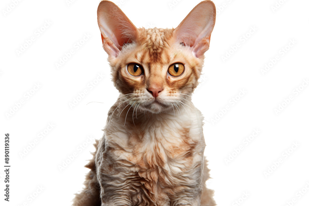 Fototapeta premium Devon Rex cat portrait, curly haired kitten with big ears and amber eyes, shorthaired pet photography close-up isolated on Transparent Background
