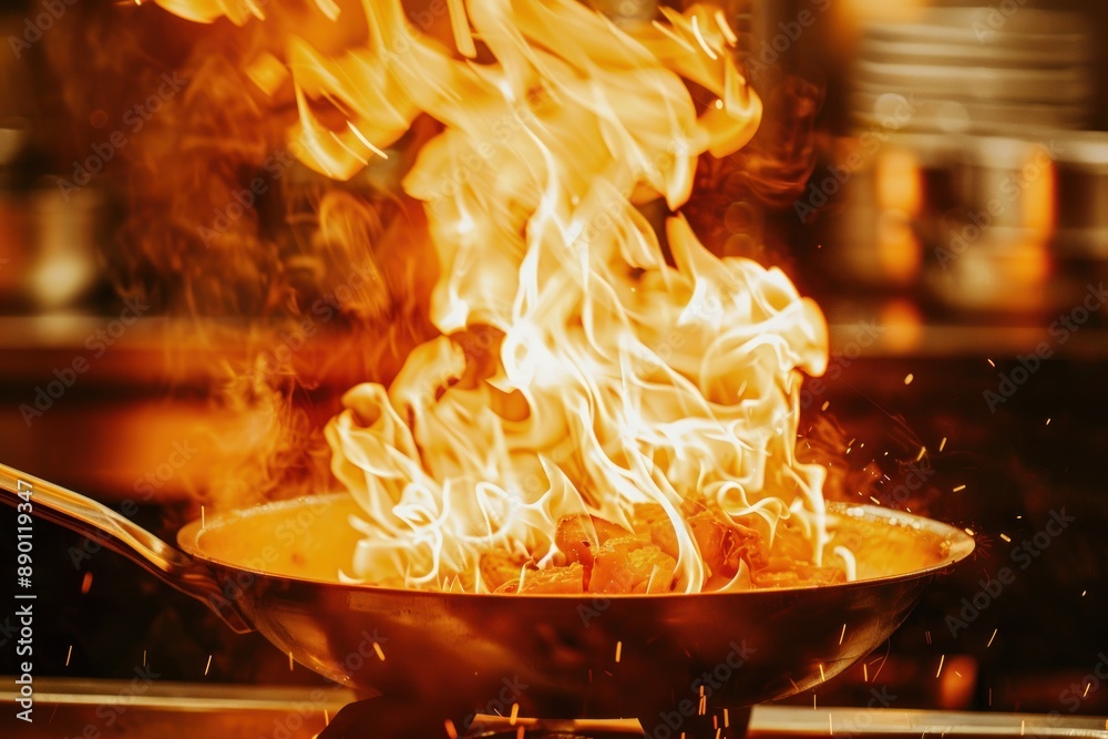 Flamb?ed Food in a Pan with Orange Flames Flamb?ed Food in a Pan with Orange Flames