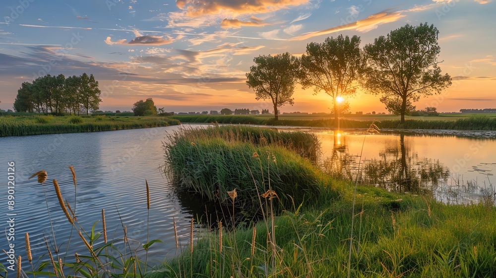 Obraz premium A golden sunset casts warm hues over a winding river in a lush green field. 
