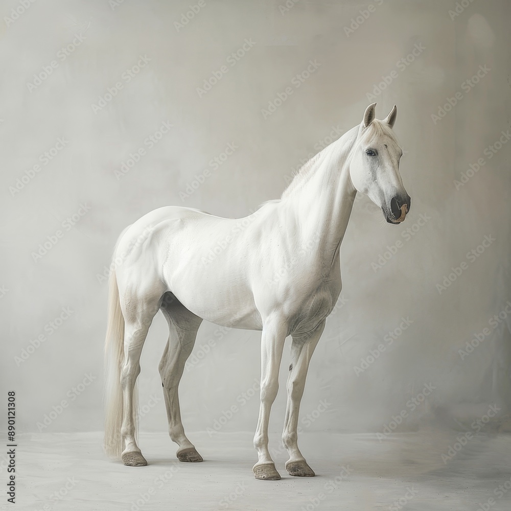 Obraz premium White Horse Standing in Studio Against a Light Grey Background