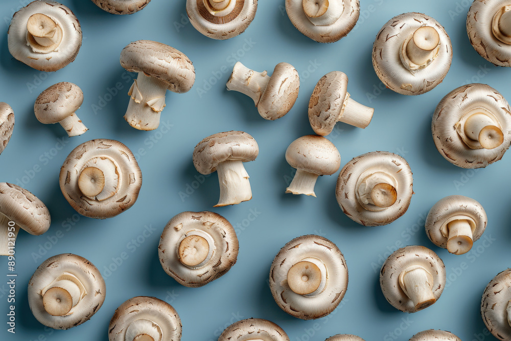 Fresh Mushrooms on Blue Background at Noon Fresh Mushrooms on Blue Background at Noon