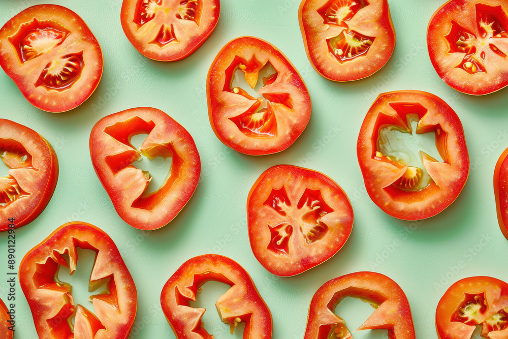 Fresh Tomato Slices on Green Background