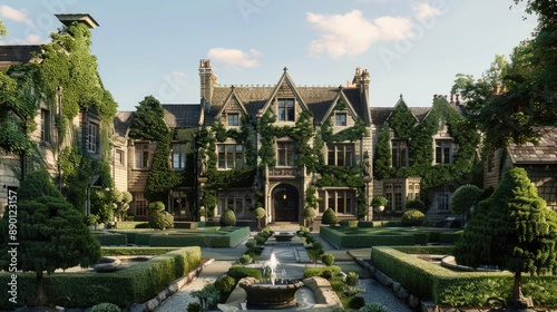 A charming, English manor with ivy-covered walls, a grand entrance, and sprawling gardens with hedges and fountains.