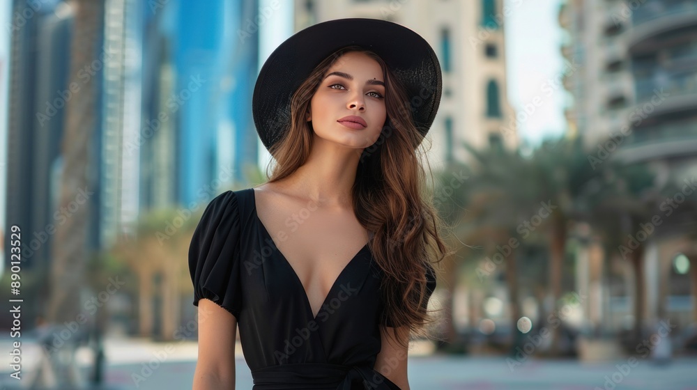 Gorgeous young lady strolling through Dubai Downtown wearing a black dress and hat Gorgeous young lady strolling through Dubai Downtown wearing a black dress and hat