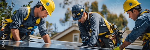 A handyman installing solar panels on the rooftop. Solar power engineer installing solar panels, on the roof, electrical technician at work, alternative renewable green energy generation concept	