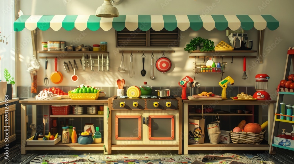 custom made wallpaper toronto digitalToy kitchen play set with a green and white striped awning and various cooking accessories makes a versatile visual for children's product advertisements.