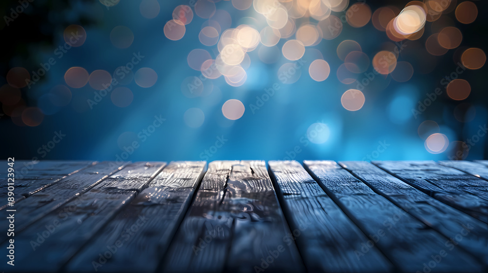 Wooden table with dark blue background and golden lights Wooden table with dark blue background and golden lights