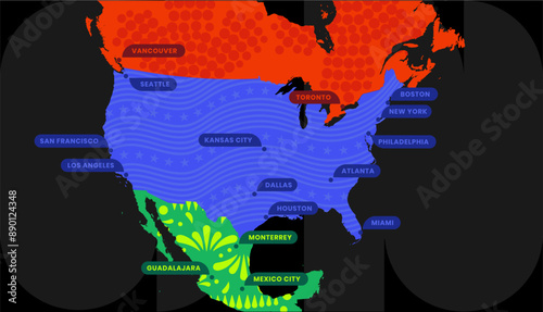 map of North America with cities where football matches are held