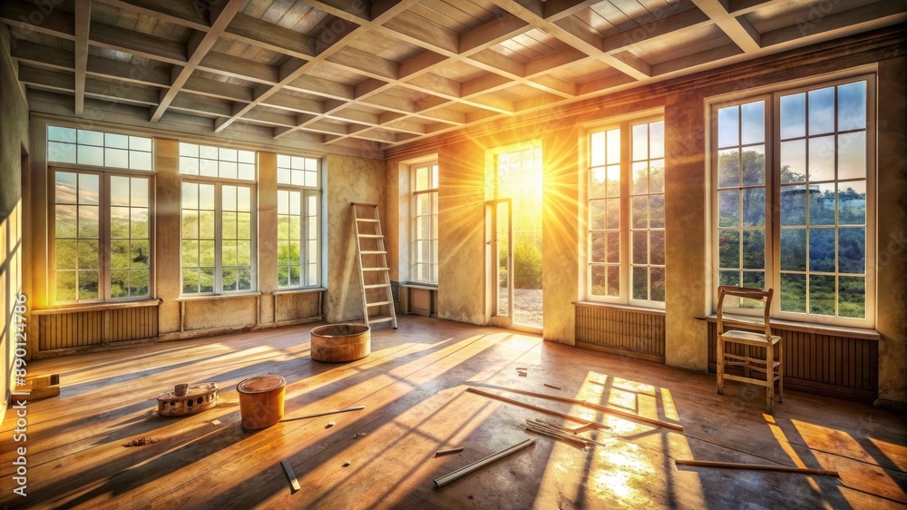 Fototapeta premium A room under renovation with sunlight streaming through the windows, highlighting the transformation in progress.