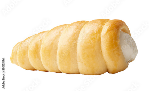 Side view of brown puff pastry cream horn isolated with clipping path in png file format