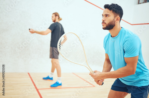 Athlete, men and sports for squash exercise with racket for challenge game, training and practice skill of teamwork. Active, people and fitness performance, competition and support of match together