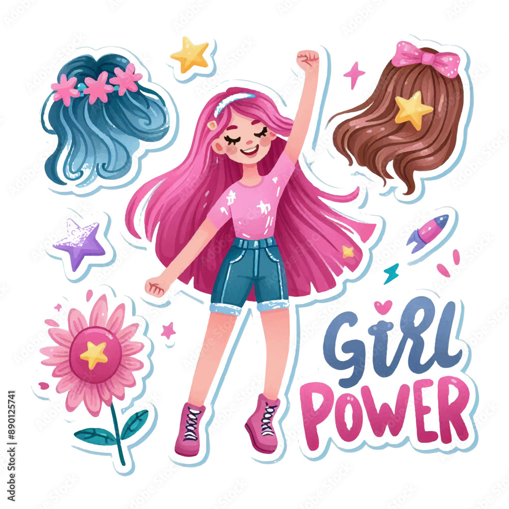 girl power cute sticker watercolor isolated background girl power cute sticker watercolor isolated background