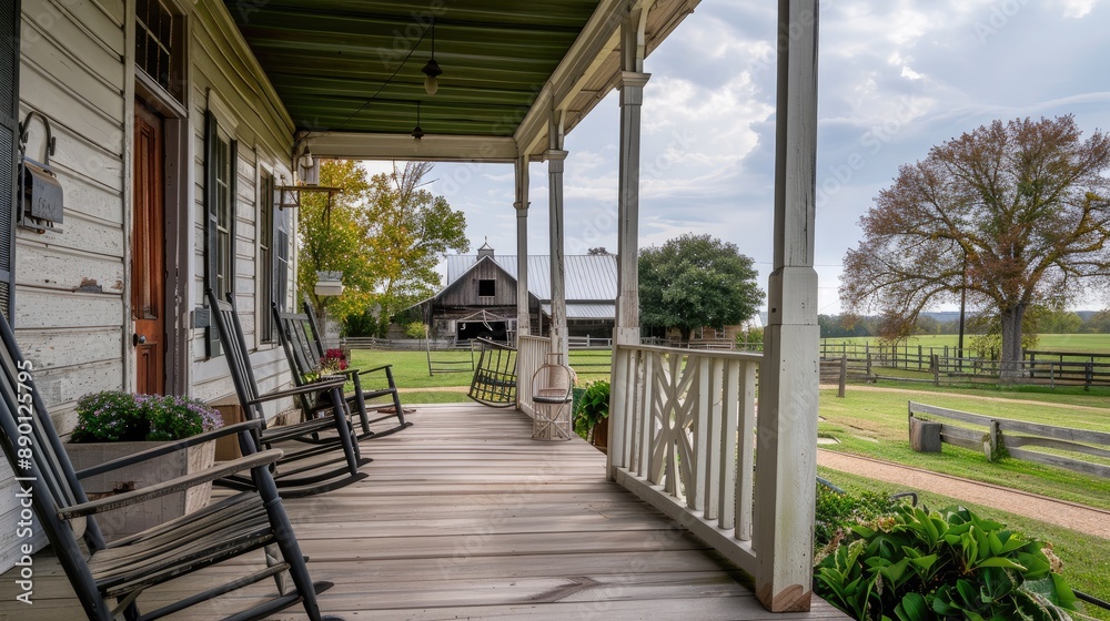 A charming, old-fashioned farmhouse with a wide front porch, wooden rocking chairs, and a barn in the background. A charming, old-fashioned farmhouse with a wide front porch, wooden rocking chairs, and a barn in the background.