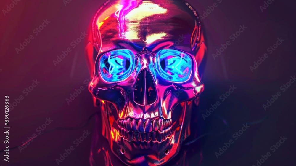 Bright neon skull with glowing eyes, displayed on a shadowy background, Bright neon skull with glowing eyes, displayed on a shadowy background,