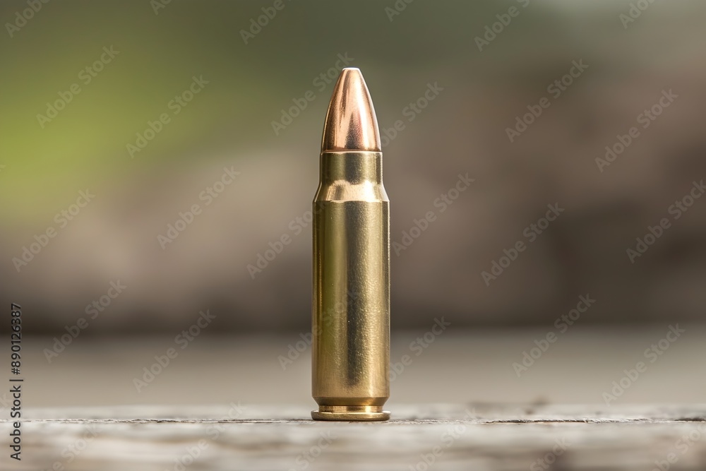 Powerful Ammunition Cartridge on Wooden Surface with Blurry Background Powerful Ammunition Cartridge on Wooden Surface with Blurry Background
