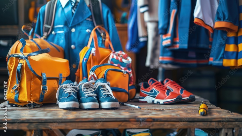 Fototapeta premium School backpacks and children's athletic shoes are neatly arranged on a rustic wooden table for a retail display or back-to-school marketing banner.
